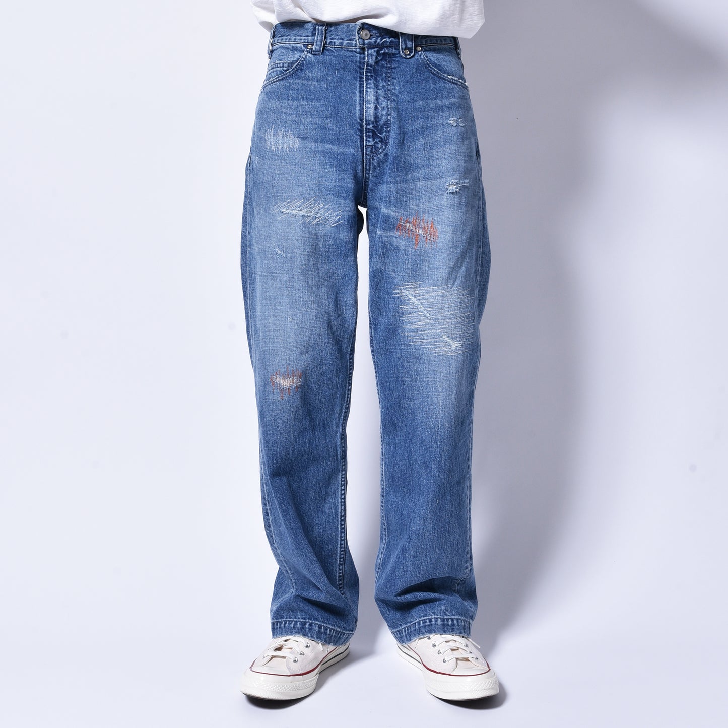 rin / Distressing Crash Denim Pants INDIGO