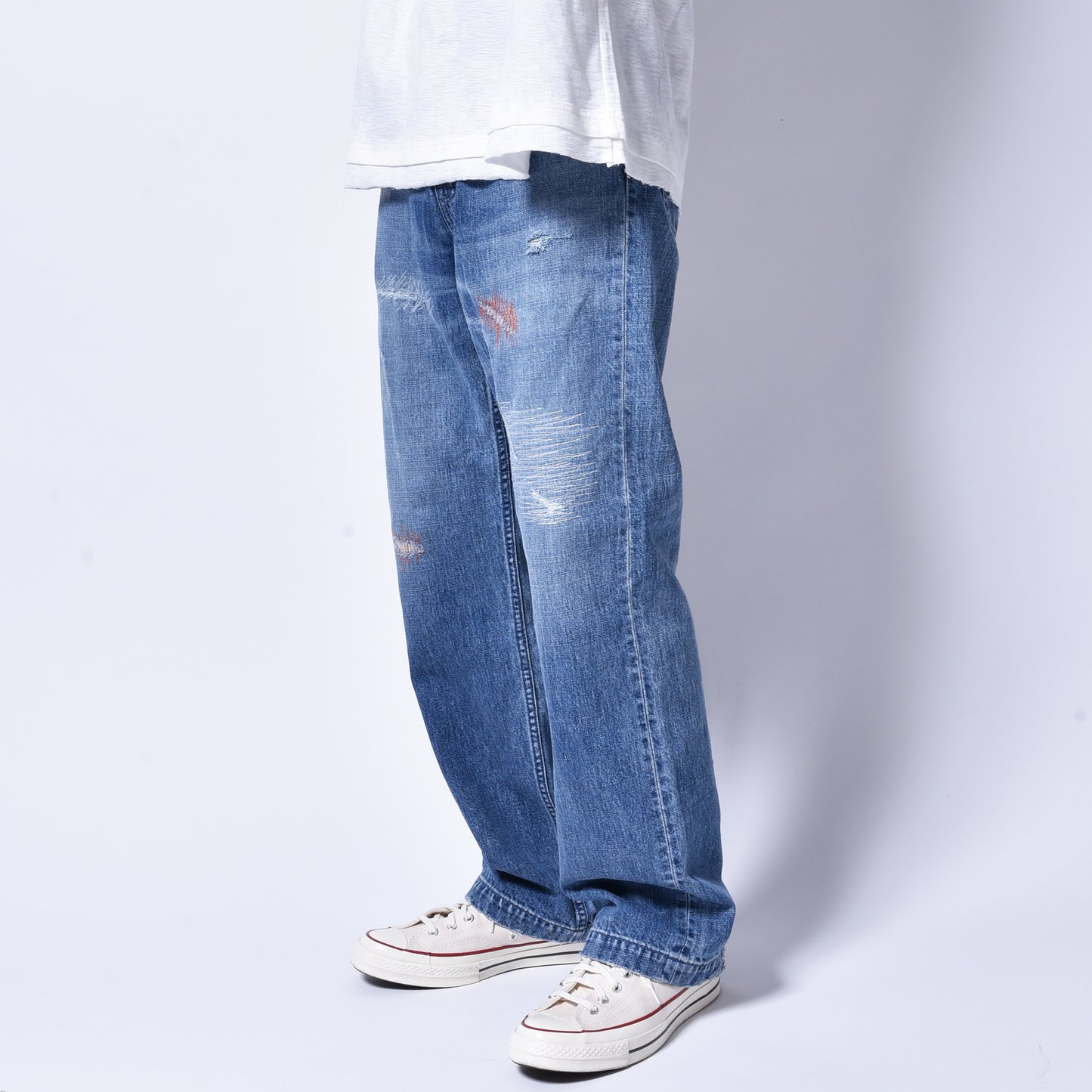 rin / Distressing Crash Denim Pants INDIGO