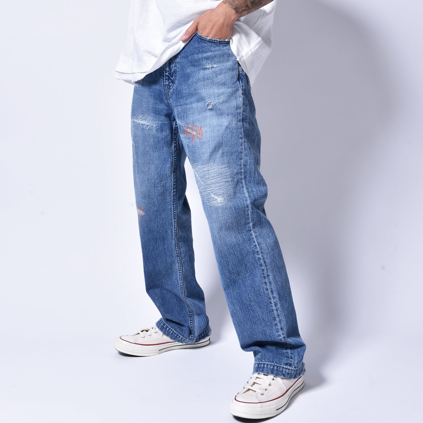 rin / Distressing Crash Denim Pants INDIGO