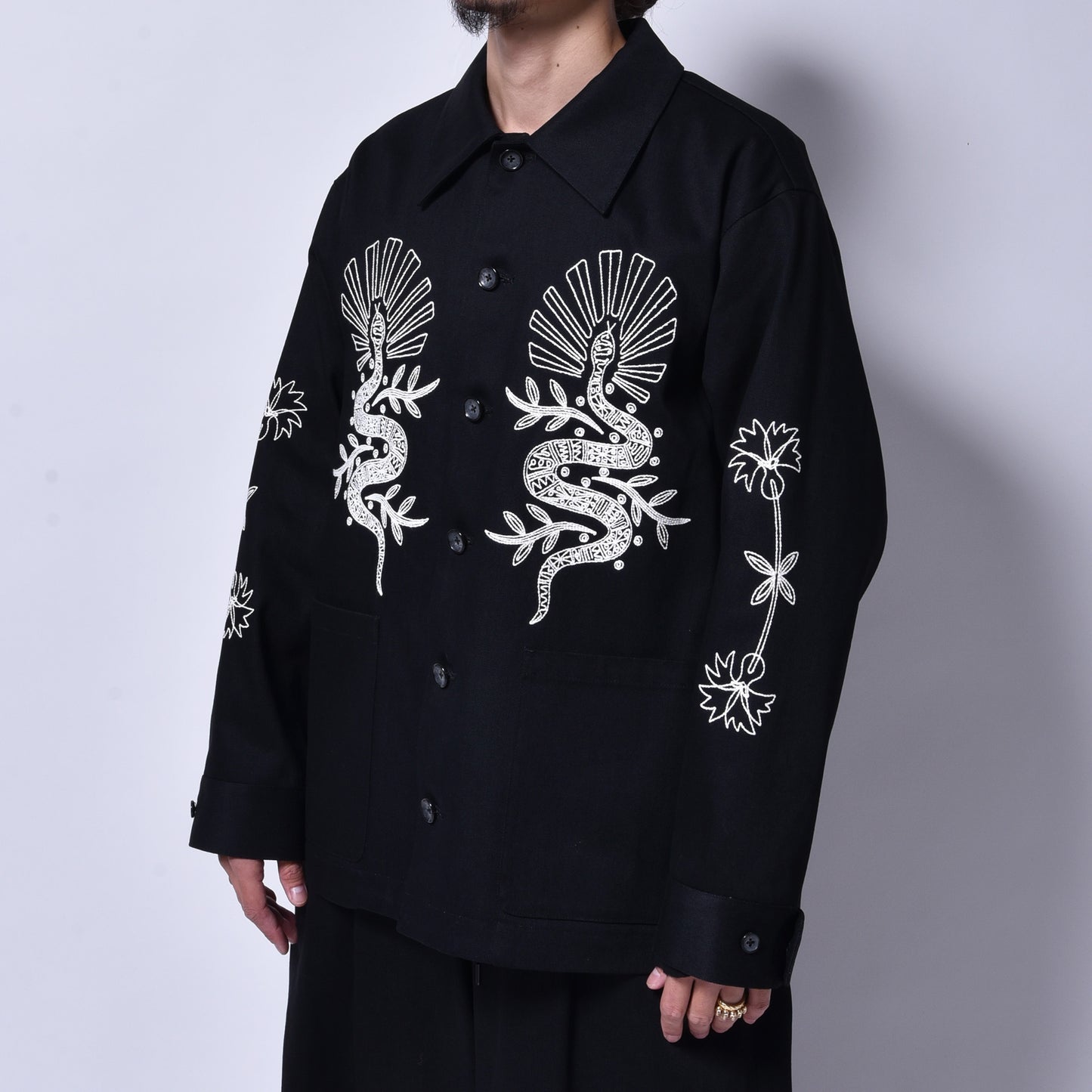 rin / Embroidery Car Coat Jacket BK