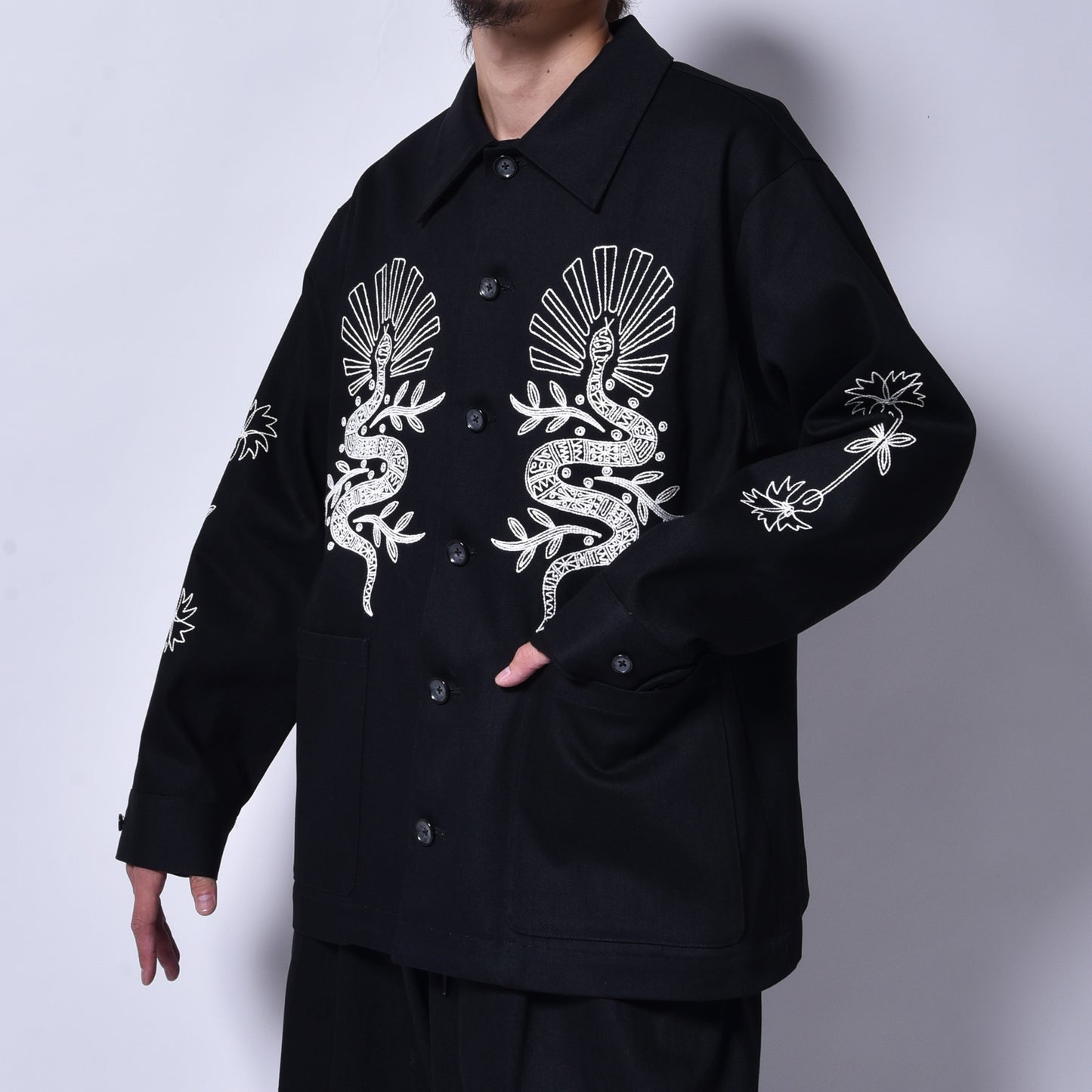 rin / Embroidery Car Coat Jacket BK