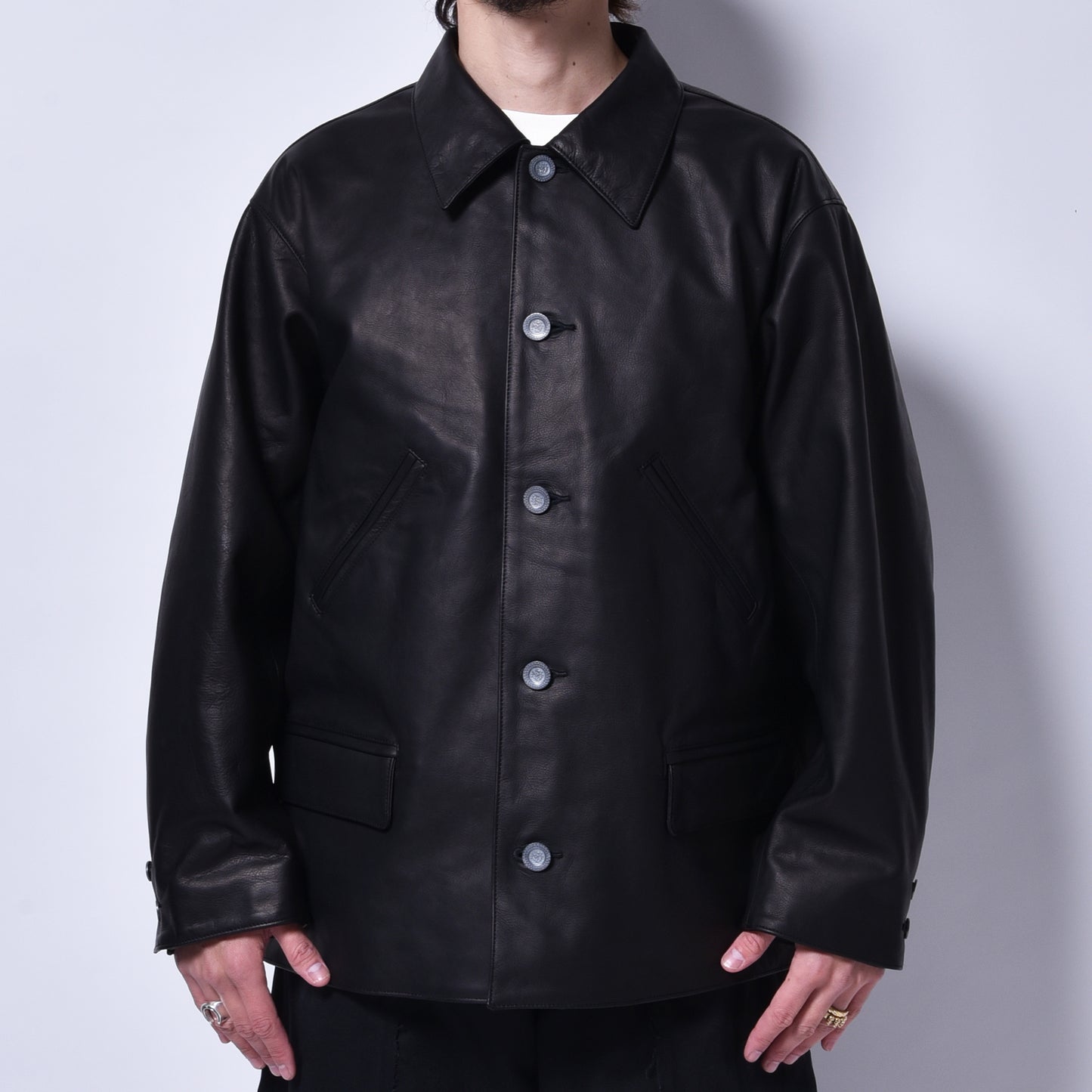 rin / Car Coat "R" Leather Jacket BK