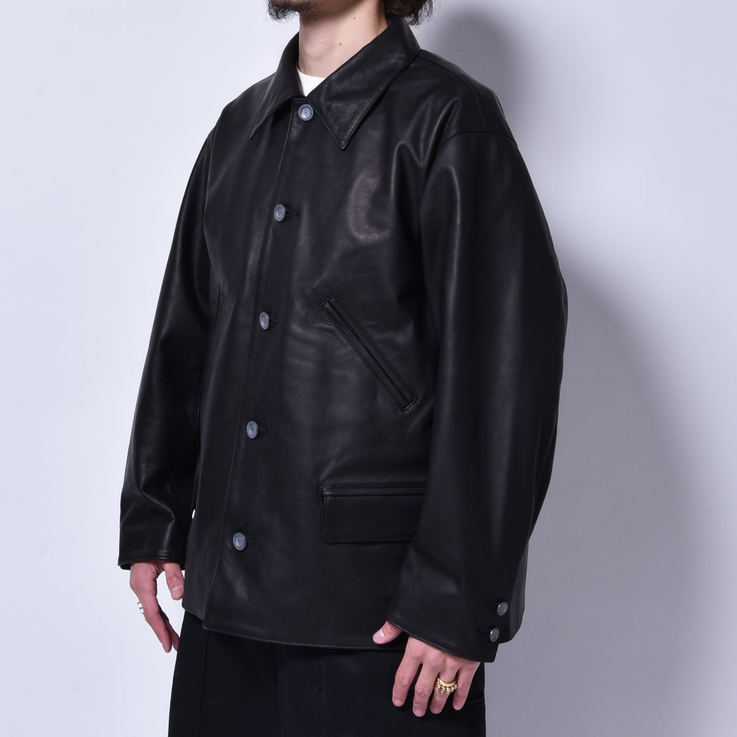 rin / Car Coat "R" Leather Jacket BK