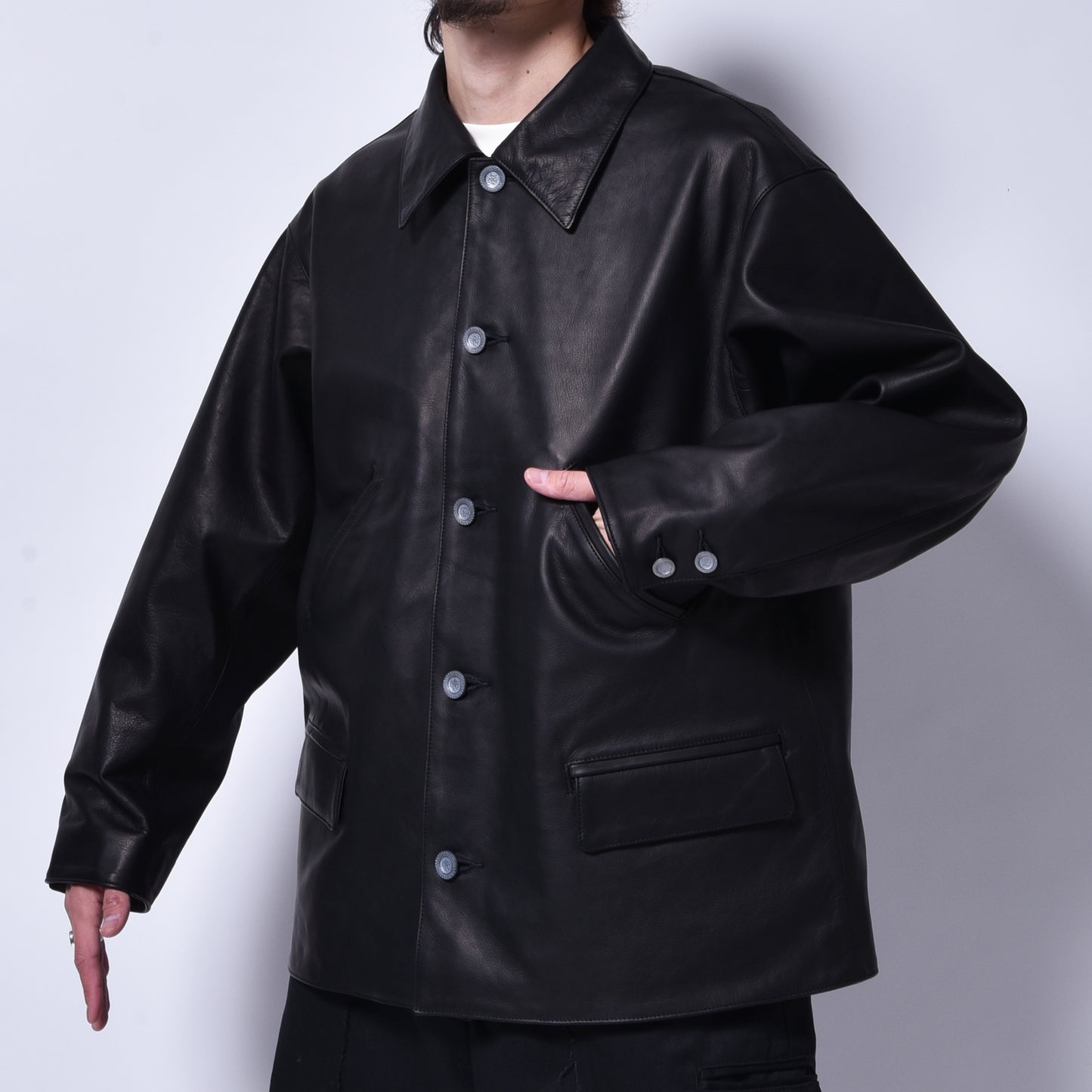 rin / Car Coat "R" Leather Jacket BK