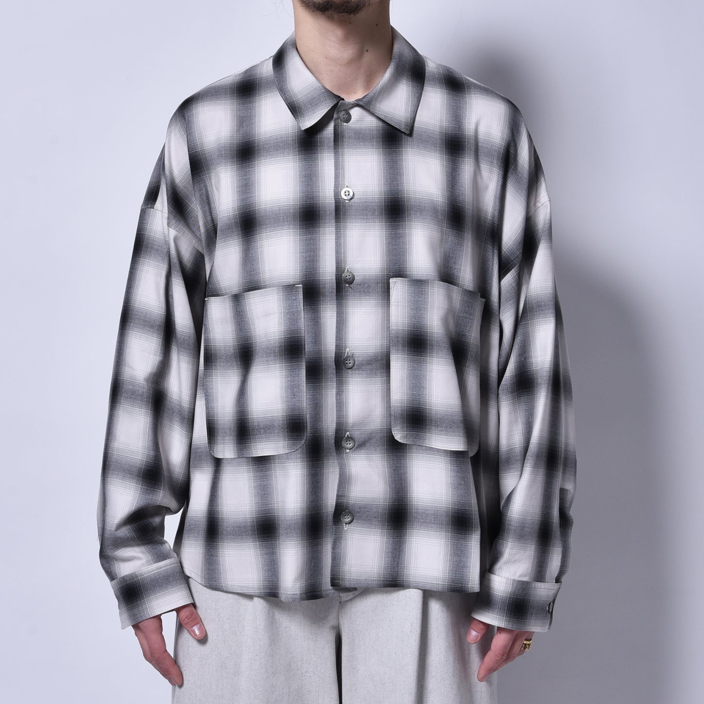 rin / Check Wide L/S Shirt GREY GRN BK