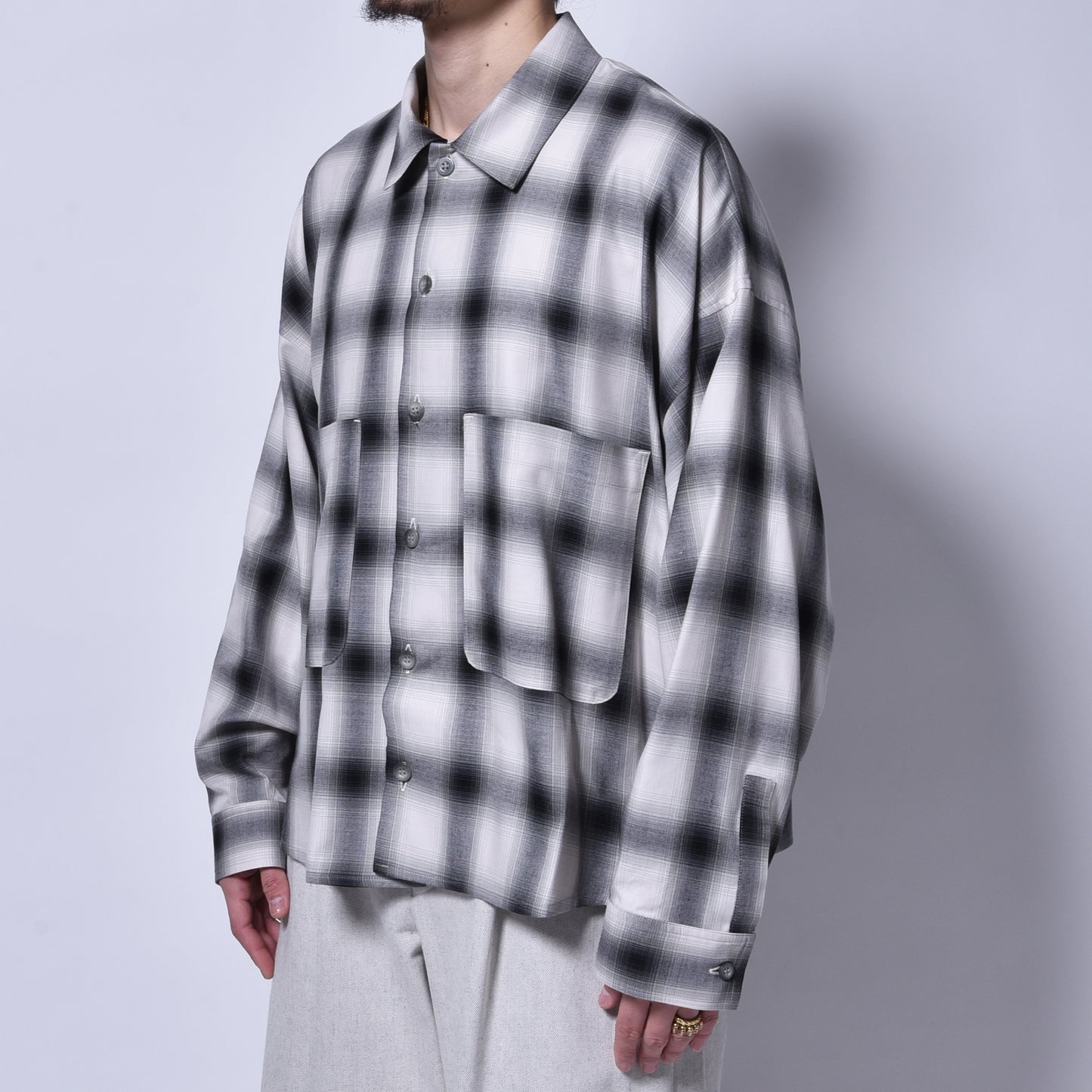 rin / Check Wide L/S Shirt GREY GRN BK