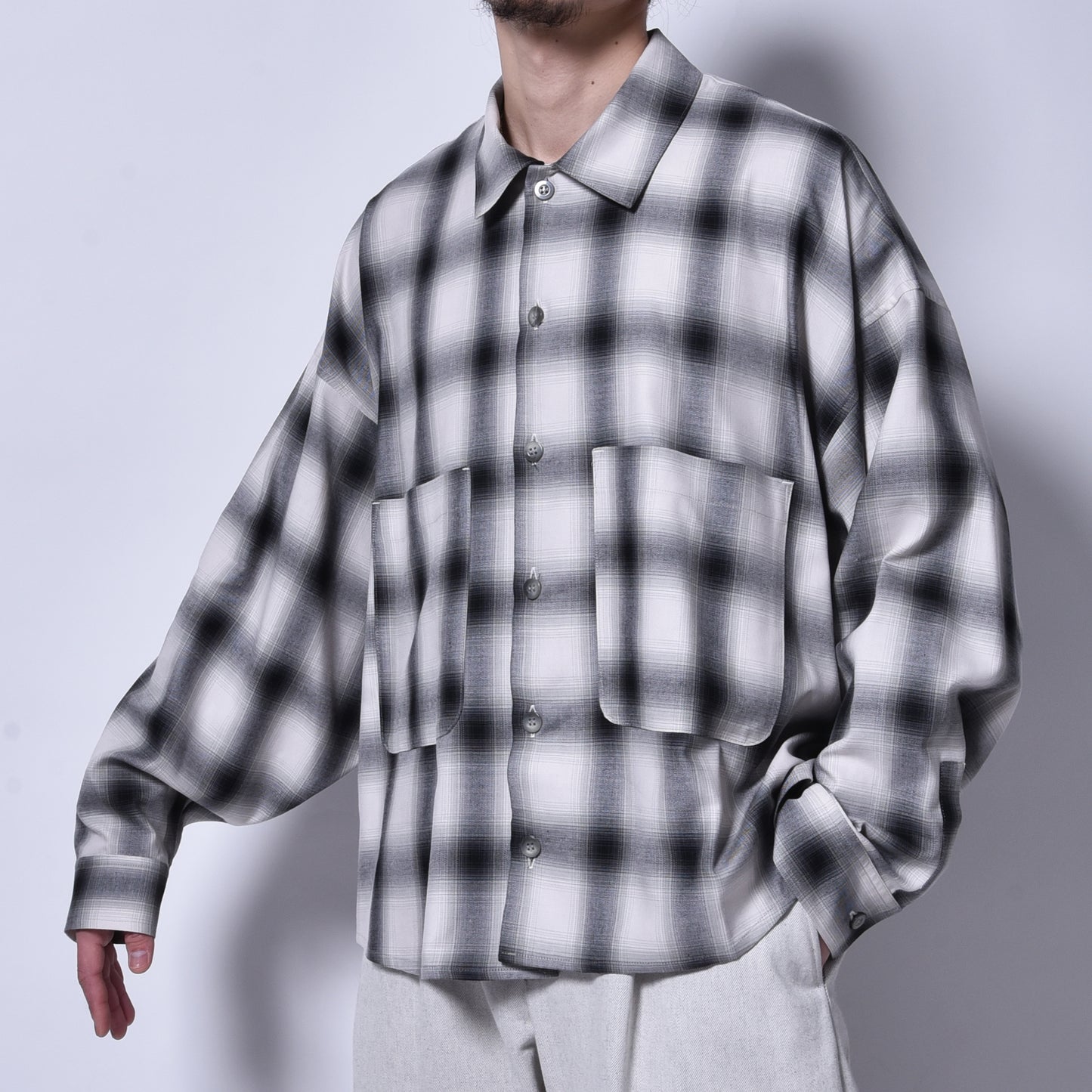 rin / Check Wide L/S Shirt GREY GRN BK